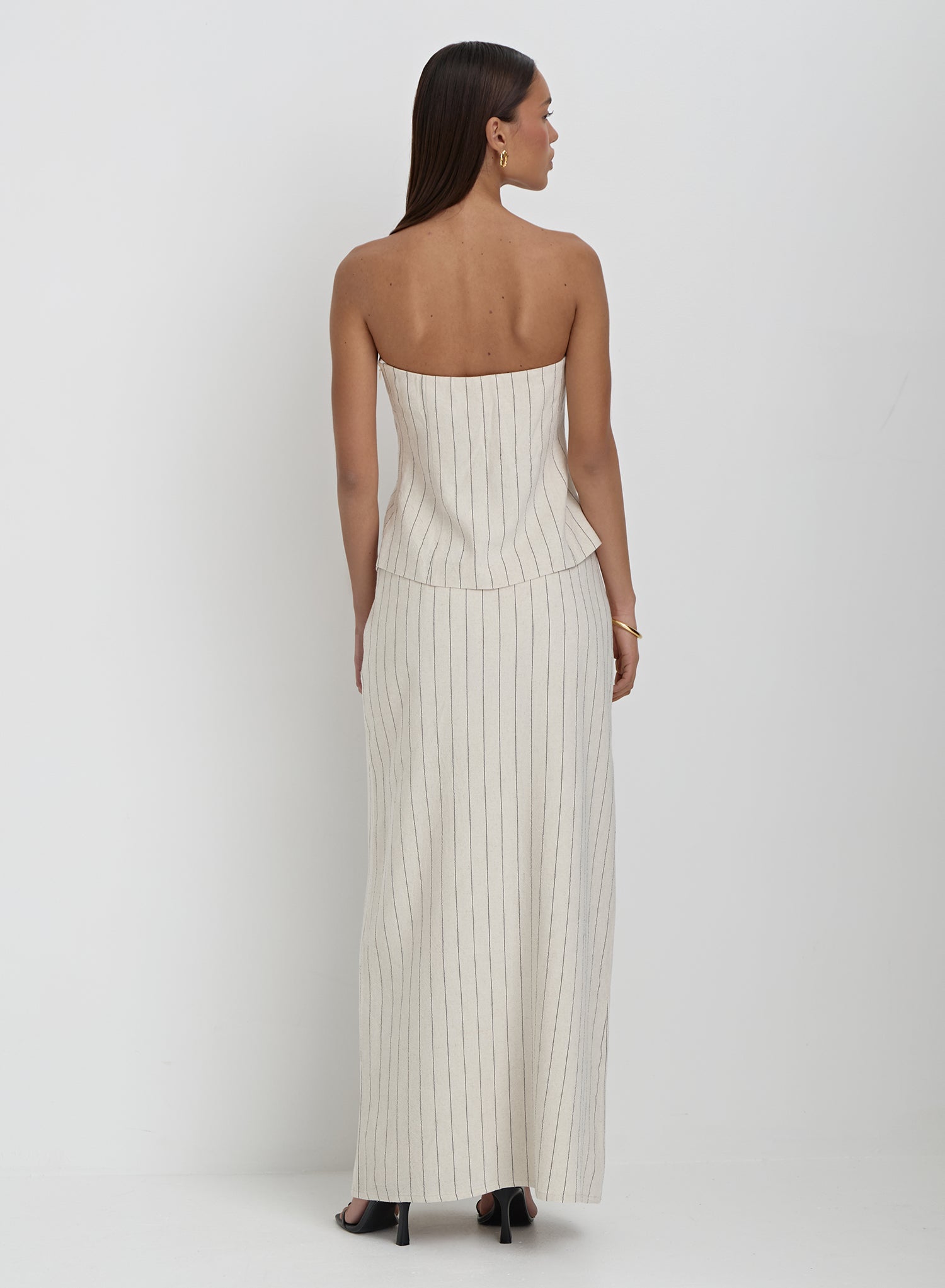 Beige Striped Linen Bandeau Top